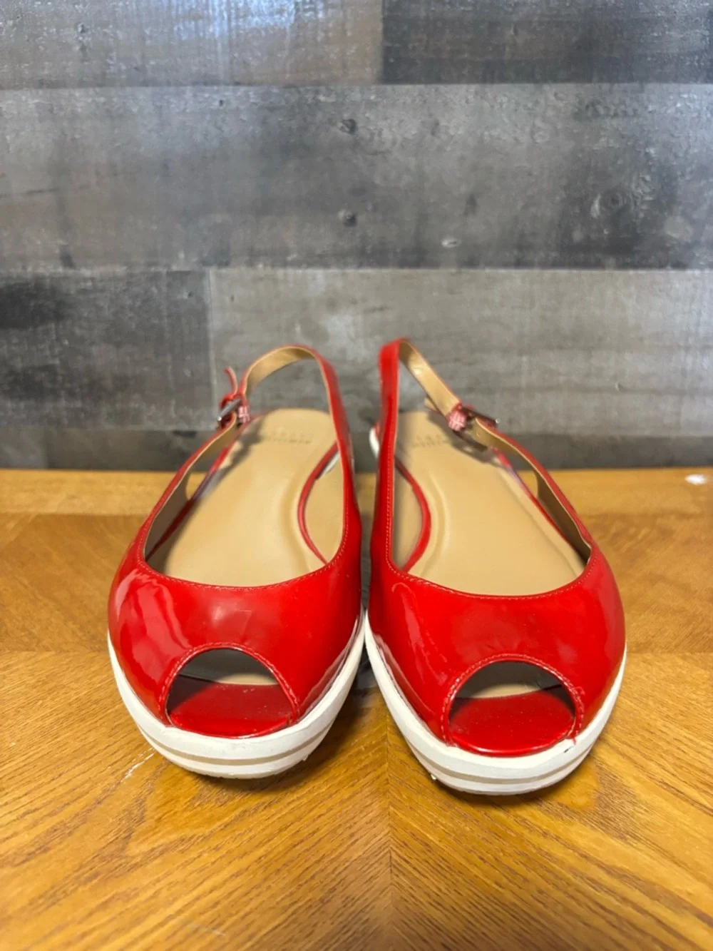 Stuart Weitzman Red Patent Peep-Toe Slingback Wedges - Picture 2 of 6